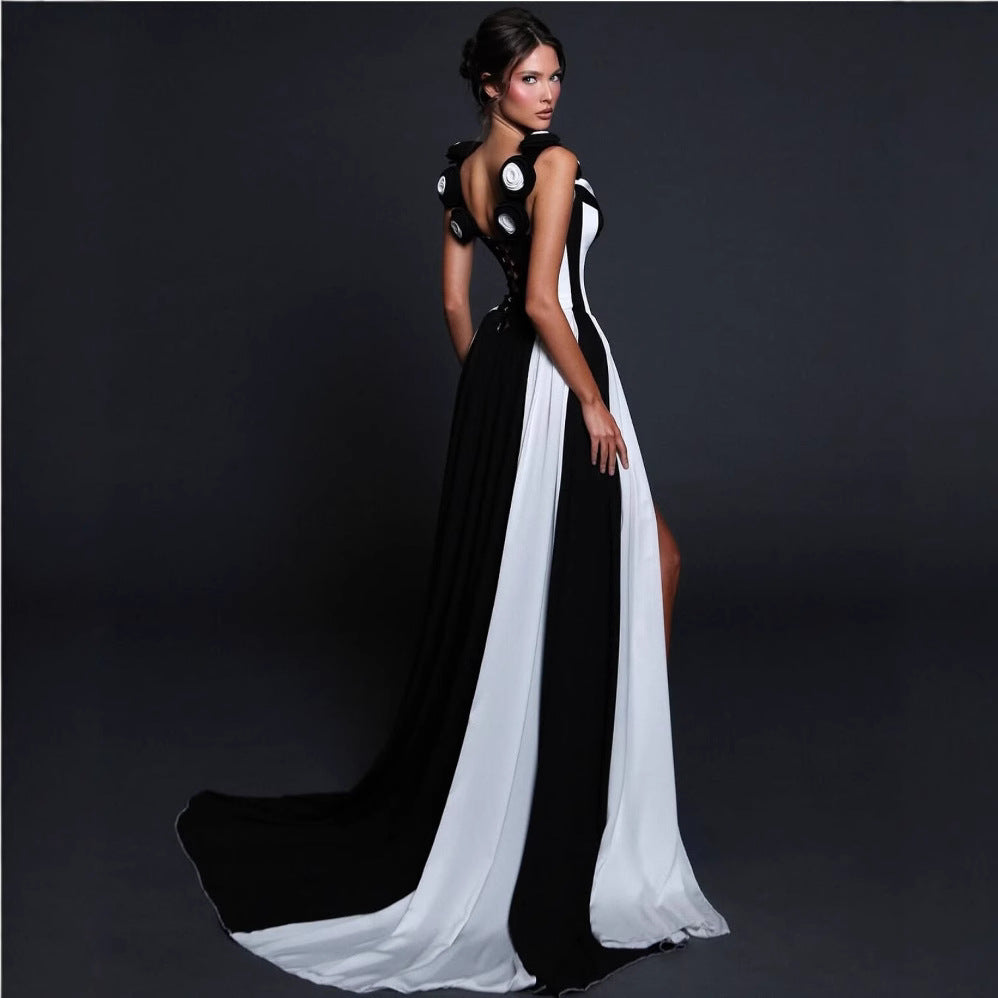 Black And White V-neck Spliced High Waisted Mop Dress - Sophinity