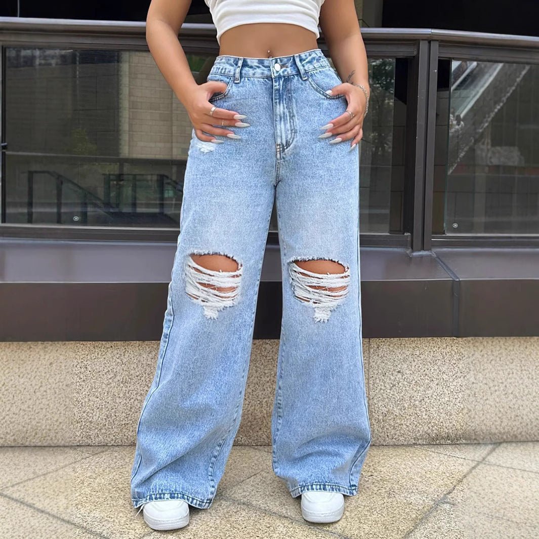 Ripped Washed Jeans Loose Straight Wide Leg - Sophinity