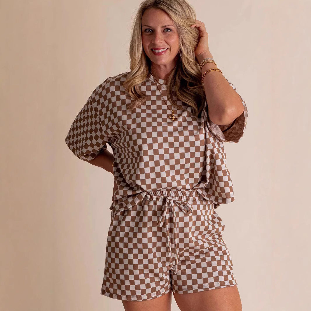 New Comfort Loose Leisure Suit Women's European And American Fashion Plaid Short-sleeved Shirt And Shorts Two-piece Set - Sophinity