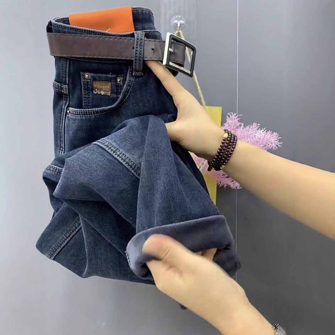 Plus Size Fleece-lined Thickened Straight Jeans Women's Winter Plump Girls High Waist - Sophinity