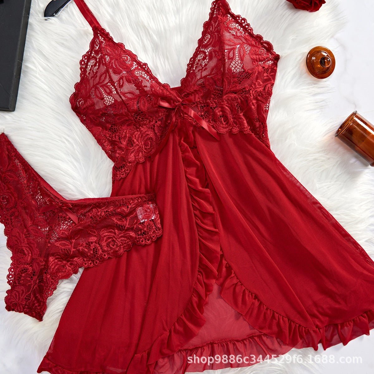 Two - piece Suspender Dress Mesh Transparent Nightdress - Sophinity