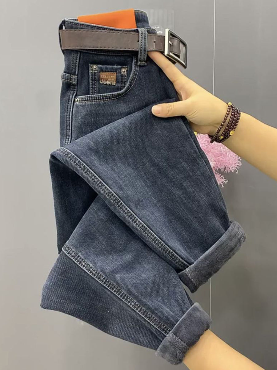 Plus Size Fleece-lined Thickened Straight Jeans Women's Winter Plump Girls High Waist - Sophinity