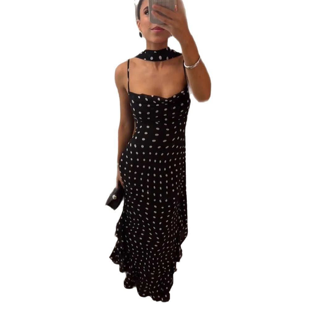 Women's High-grade Sleeveless Polka Dot Scarf Collar Ruffled Spaghetti Straps Dress - Sophinity