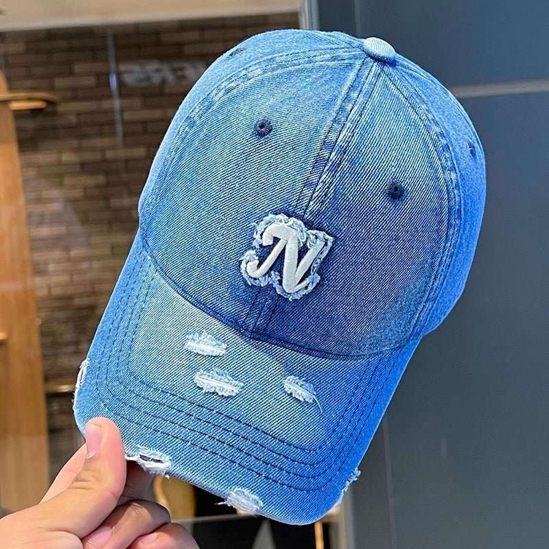 Embroidered Denim Letter Baseball Women's Ripped Peaked Cap Sun Hat - Sophinity