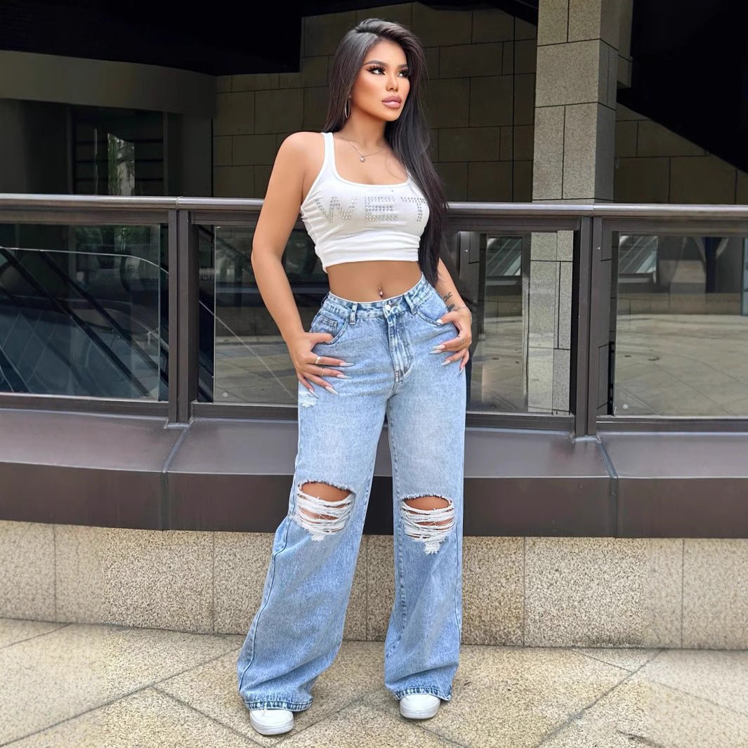 Ripped Washed Jeans Loose Straight Wide Leg - Sophinity