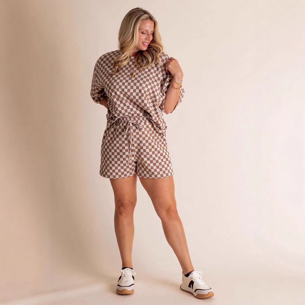 New Comfort Loose Leisure Suit Women's European And American Fashion Plaid Short-sleeved Shirt And Shorts Two-piece Set - Sophinity