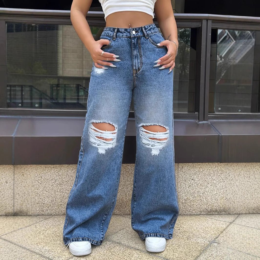 Ripped Washed Jeans Loose Straight Wide Leg - Sophinity