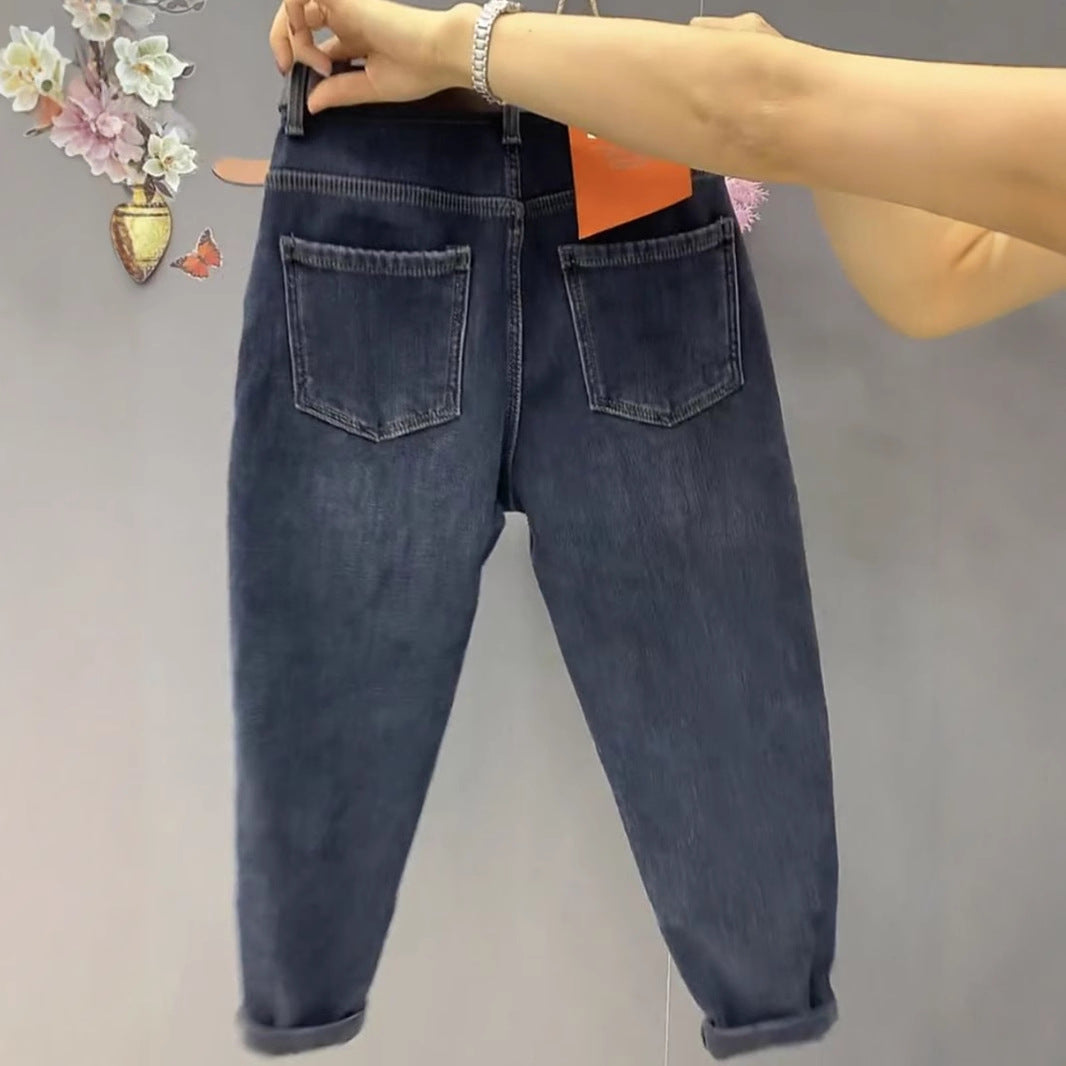 Plus Size Fleece-lined Thickened Straight Jeans Women's Winter Plump Girls High Waist - Sophinity