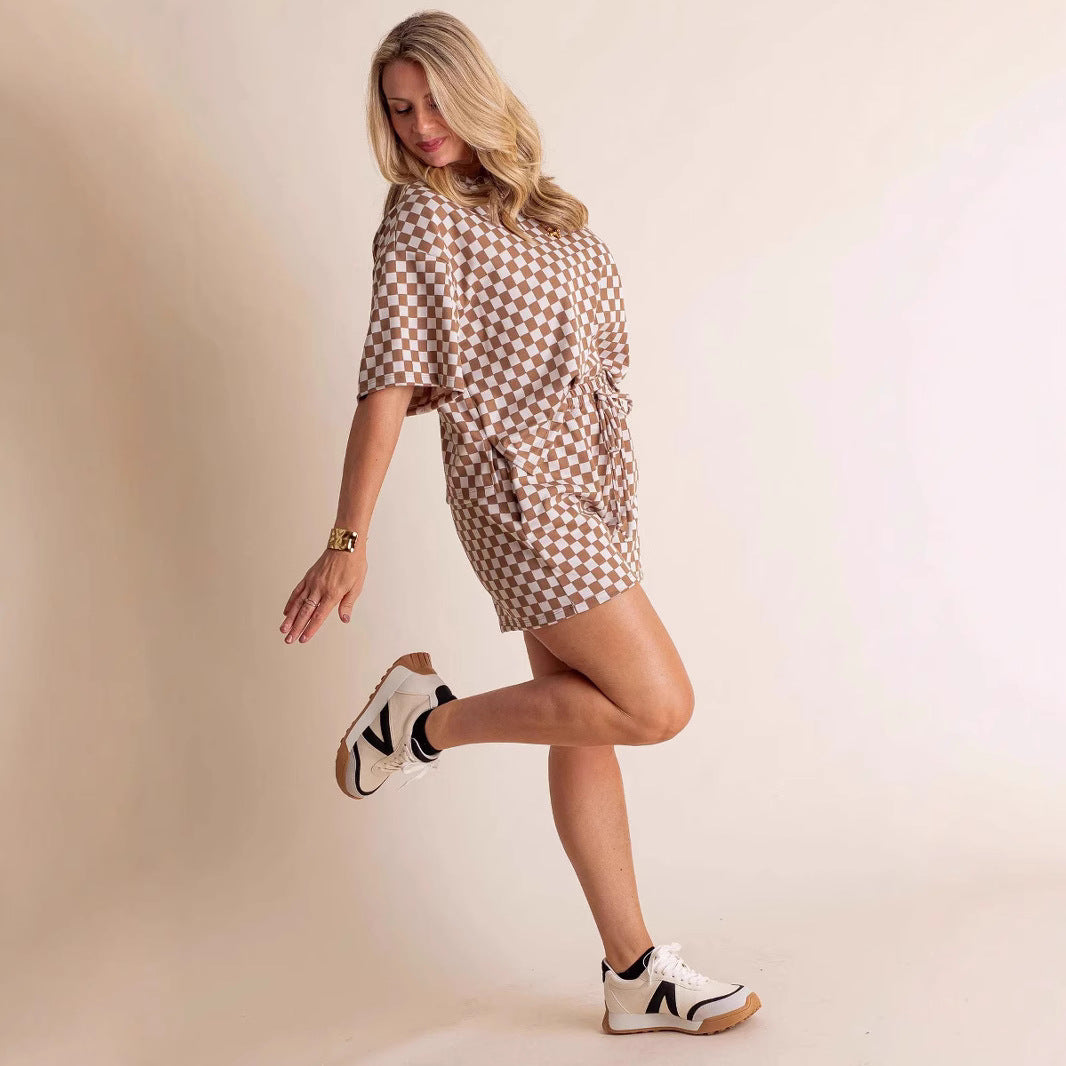 New Comfort Loose Leisure Suit Women's European And American Fashion Plaid Short-sleeved Shirt And Shorts Two-piece Set - Sophinity