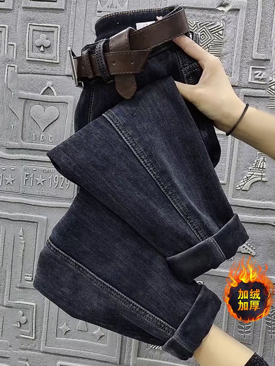 Plus Size Fleece-lined Thickened Straight Jeans Women's Winter Plump Girls High Waist - Sophinity