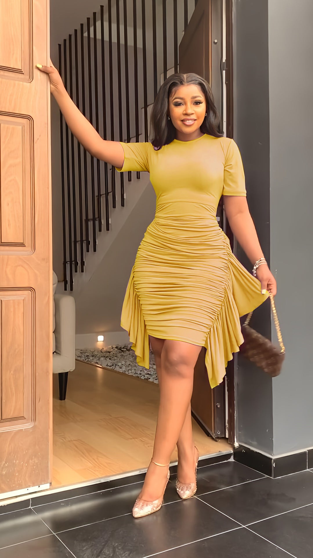 Solid Color Irregular Ruffled Slim Pleated Dress - Sophinity
