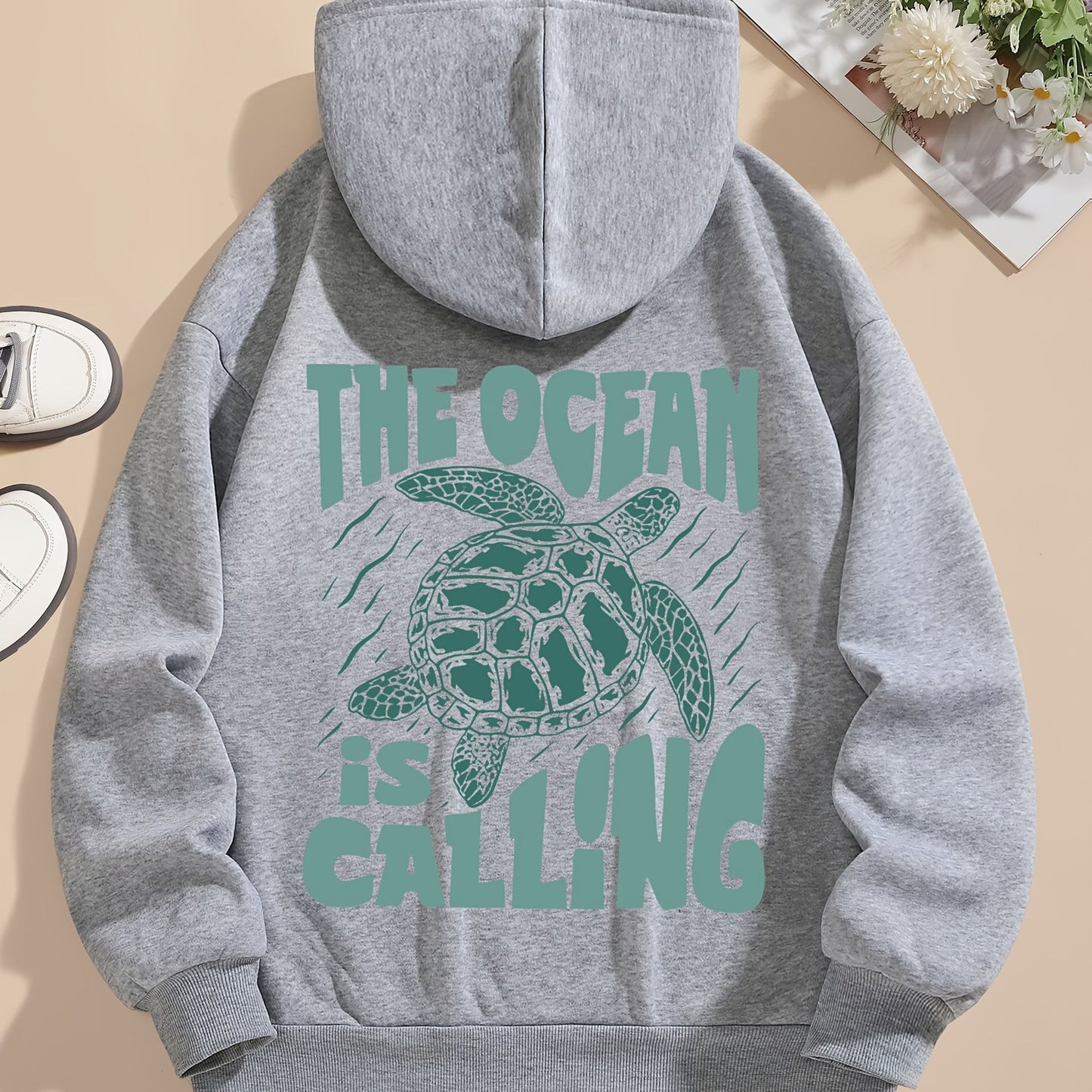 Turtle Print Hoodie Drawstring Sweatshirt Suitable For Women In Winter And Autumn - Sophinity