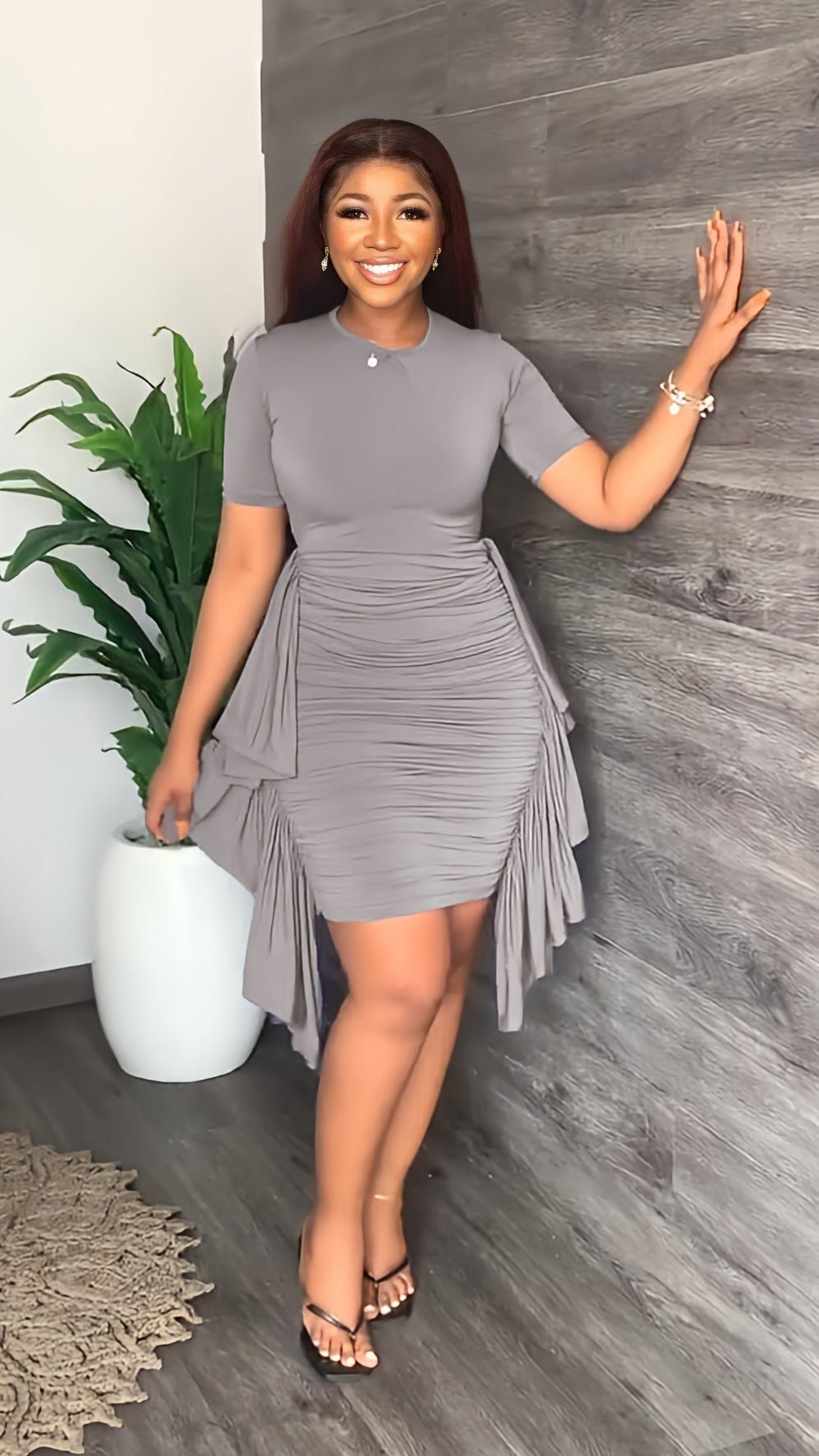 Solid Color Irregular Ruffled Slim Pleated Dress - Sophinity