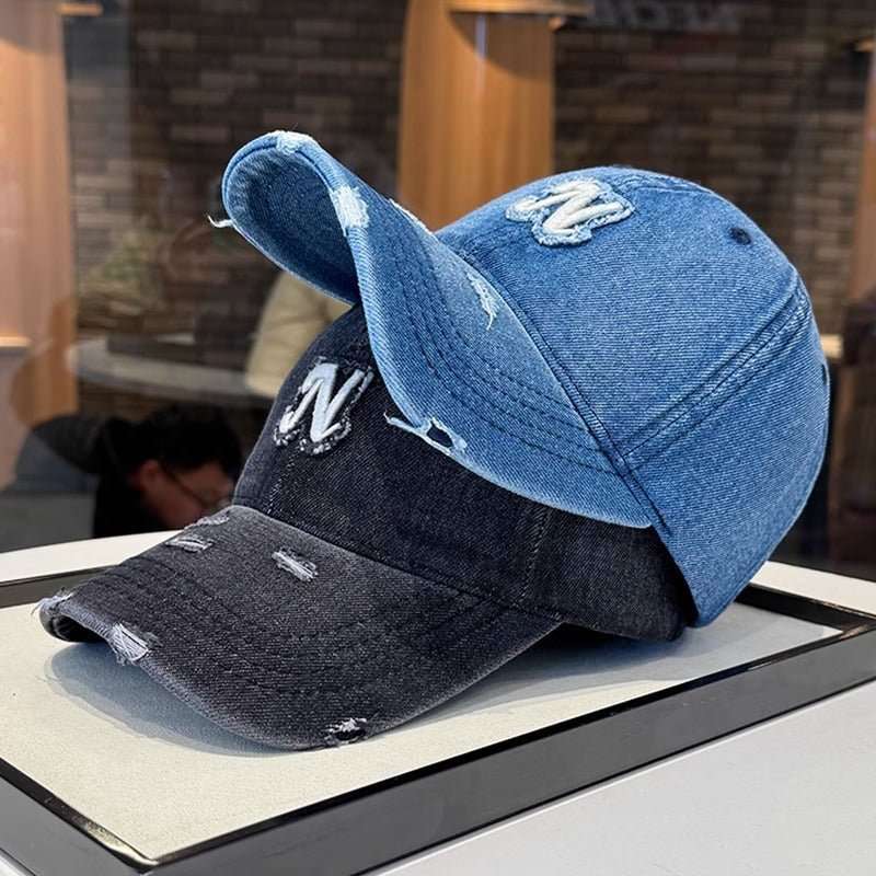 Embroidered Denim Letter Baseball Women's Ripped Peaked Cap Sun Hat - Sophinity