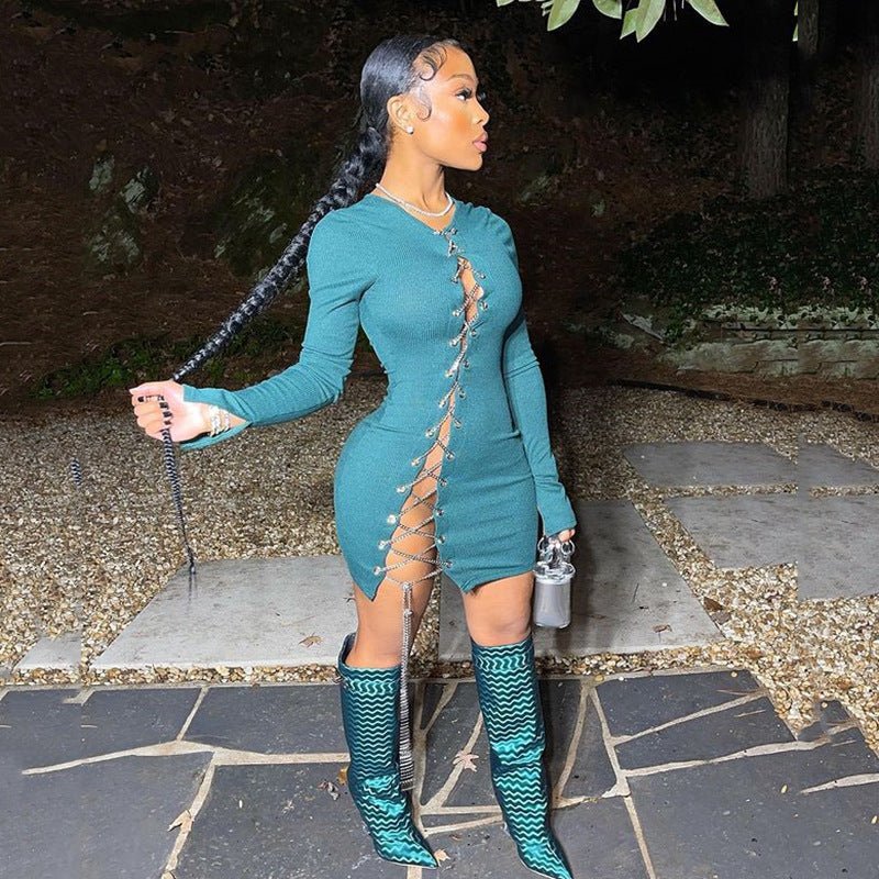 Women's Chain Lace - up Cutout Sexy Dress - Sophinity