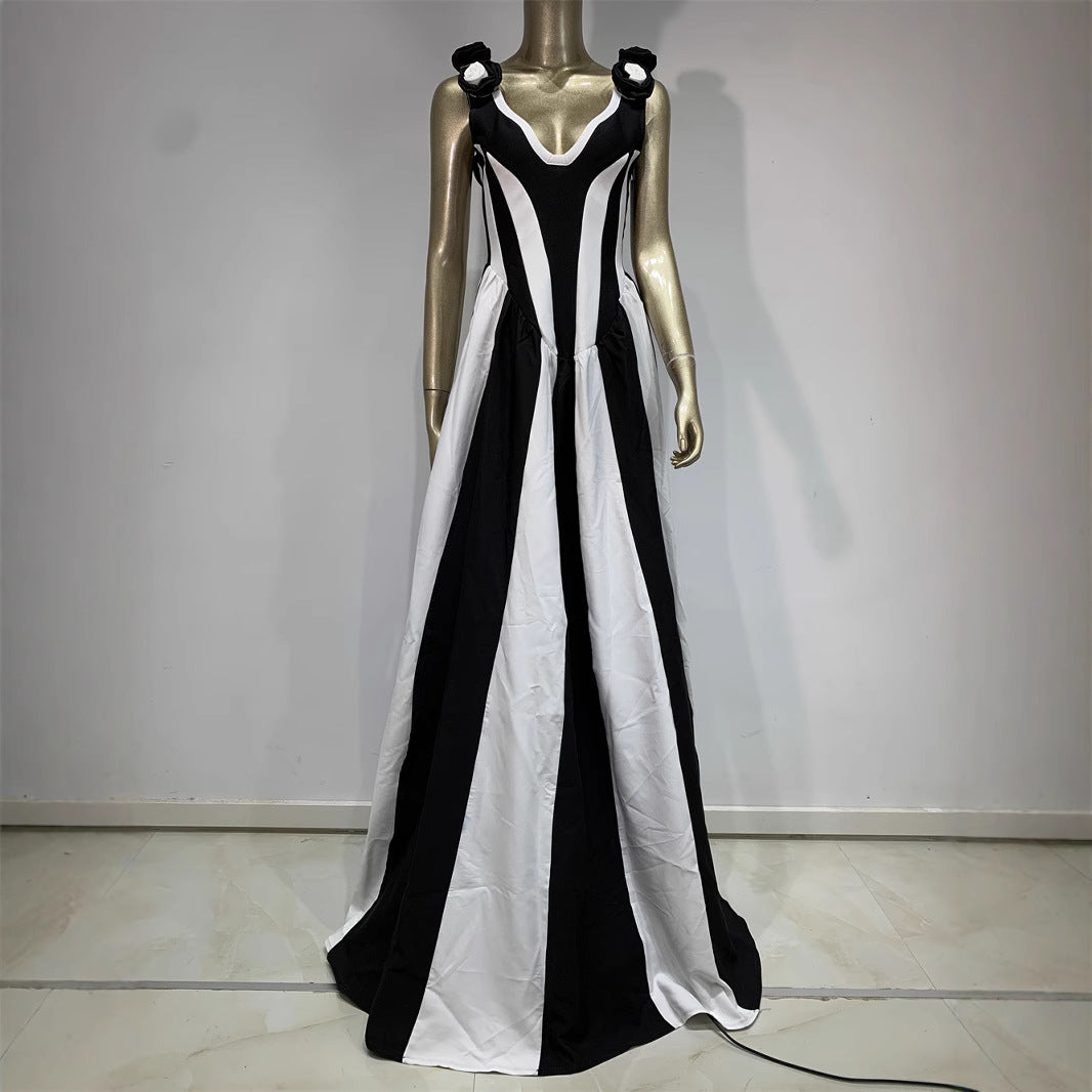 Black And White V-neck Spliced High Waisted Mop Dress - Sophinity
