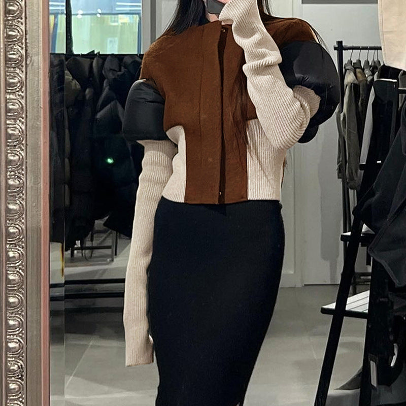 Autumn And Winter New Contrast Color Stand-up Collar Zipper Cardigan Outerwear - Sophinity