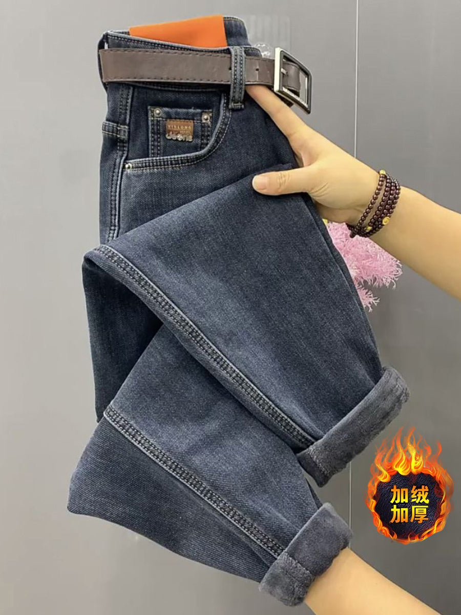 Plus Size Fleece-lined Thickened Straight Jeans Women's Winter Plump Girls High Waist - Sophinity