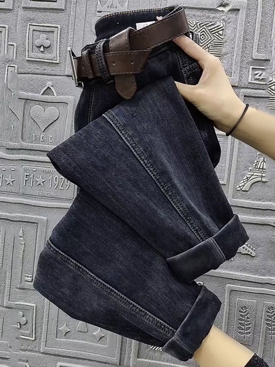 Plus Size Fleece-lined Thickened Straight Jeans Women's Winter Plump Girls High Waist - Sophinity