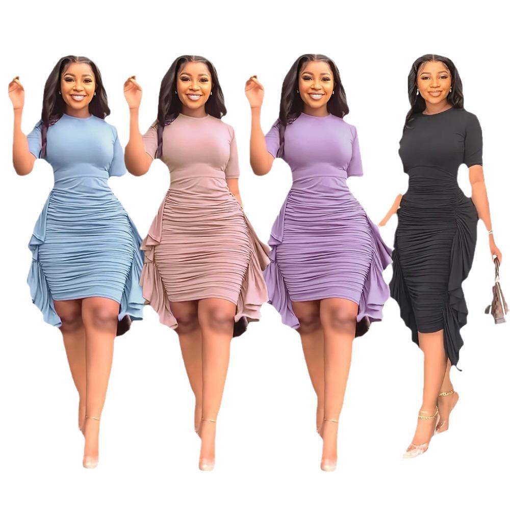 Solid Color Irregular Ruffled Slim Pleated Dress - Sophinity