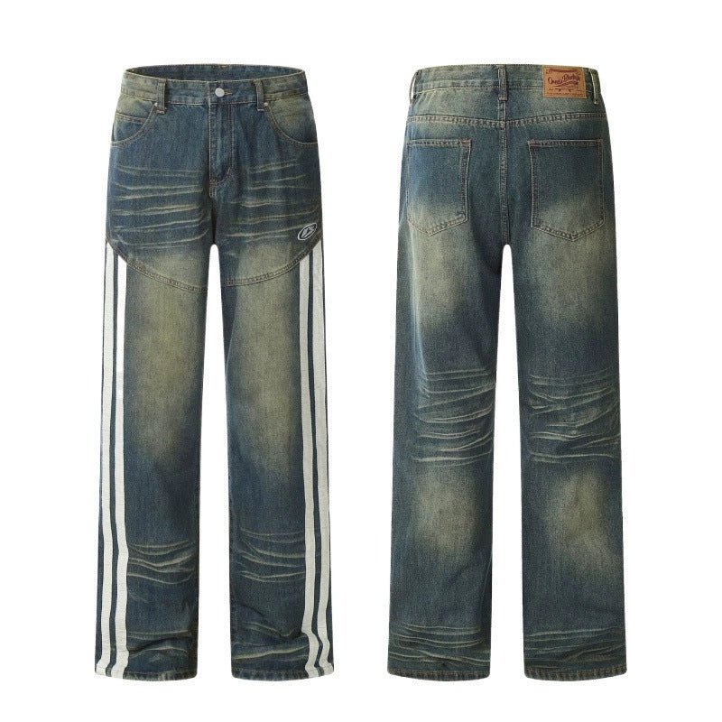 New Jeans Retro Distressed Three Bars Straight Men - Sophinity