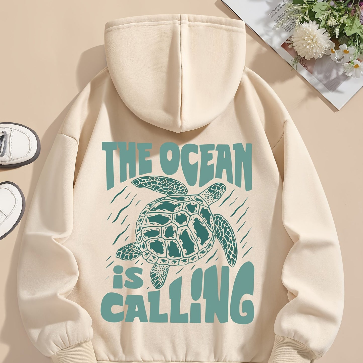 Turtle Print Hoodie Drawstring Sweatshirt Suitable For Women In Winter And Autumn - Sophinity