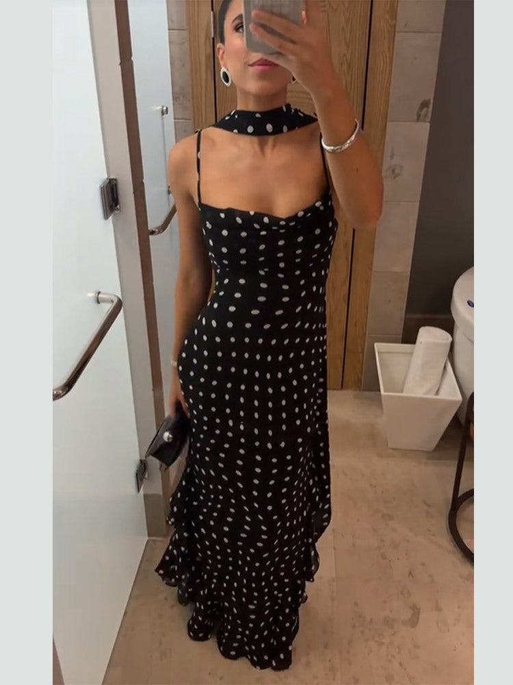 Women's High-grade Sleeveless Polka Dot Scarf Collar Ruffled Spaghetti Straps Dress - Sophinity