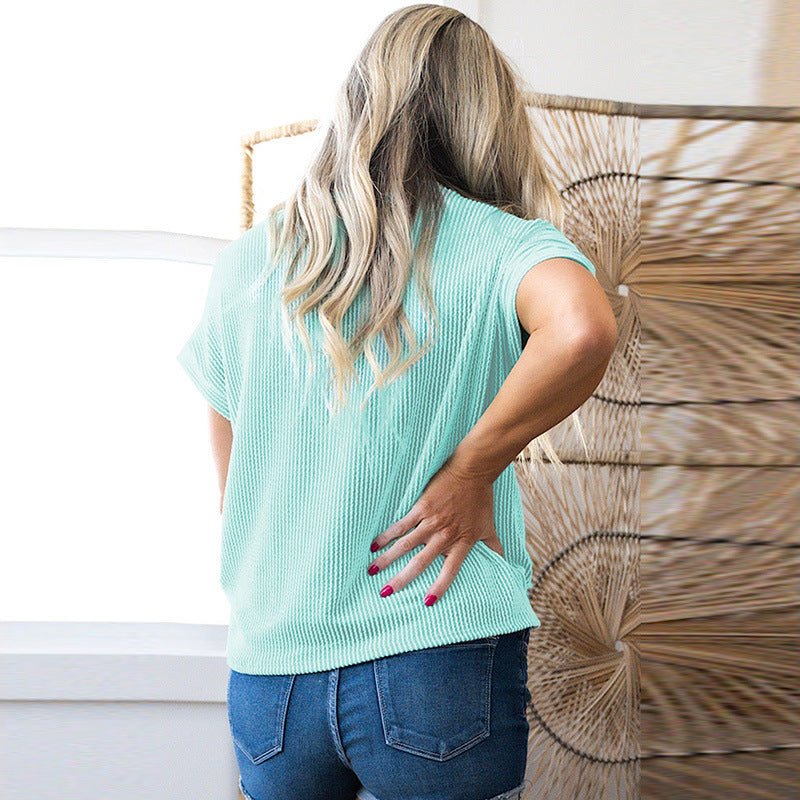 Casual Simple All - match Loose Pullover Women's New Color Matching Patch Pocket Round Neck Short Sleeve T-shirt - Sophinity