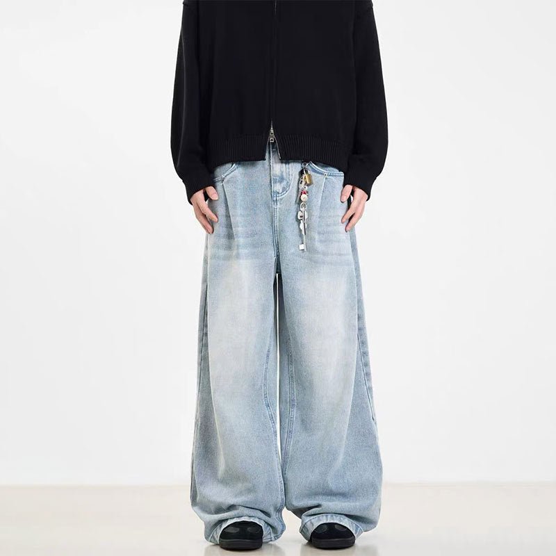 Retro Side Double Oblique Pleated Washed Blue Jeans For Men And Women - Sophinity
