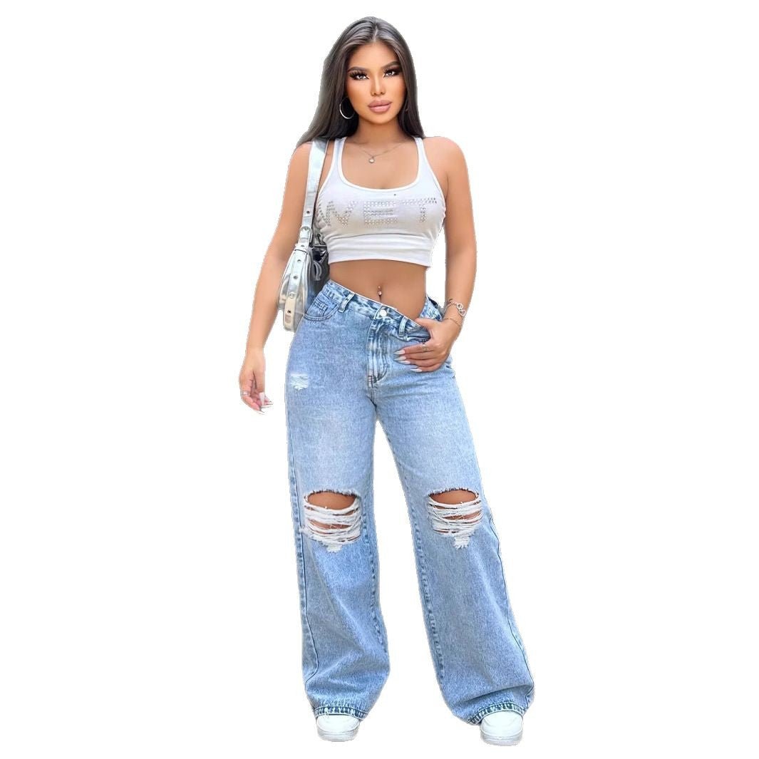 Ripped Washed Jeans Loose Straight Wide Leg - Sophinity