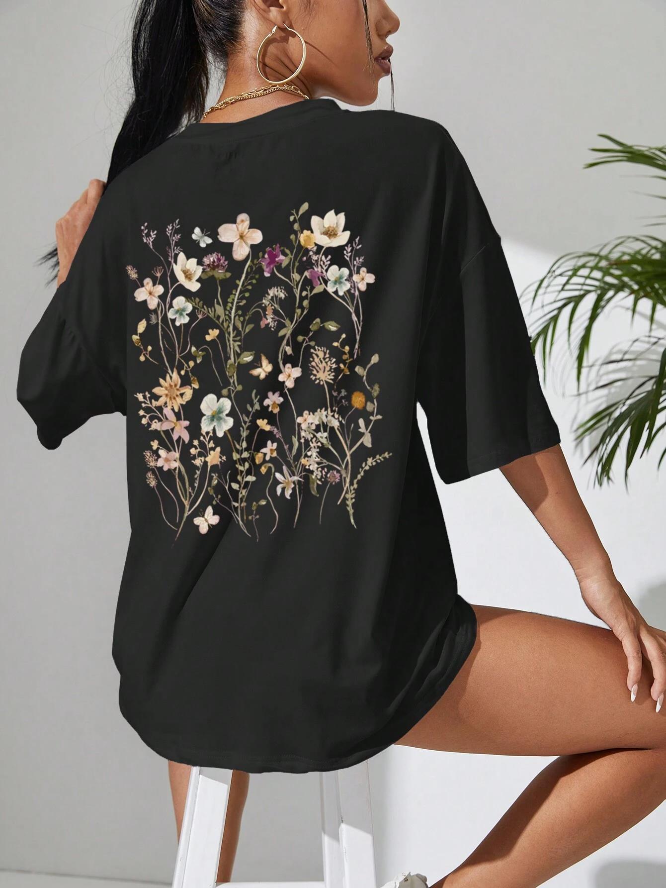 Beautiful Flower Clusters Print Cotton Women T-shirts Casual - Sophinity
