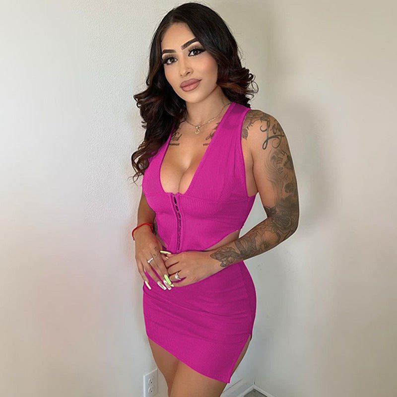 European And American Women's Clothing New Fashion V - neck Double - breasted Vest Slim Fit Slit Skirt Suit - Sophinity