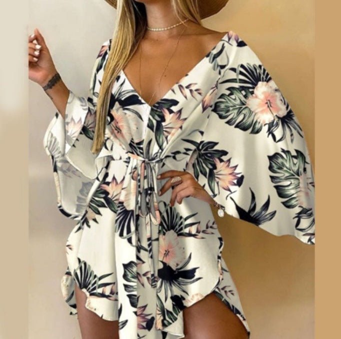 Autumn V - neck Irregular Batwing Sleeve Lace - up Dress - Sophinity