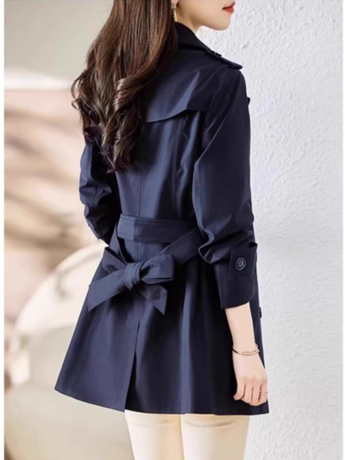 Women's Mid-length Trench Coat Double Breasted Fitted Waist Overcoat - Sophinity