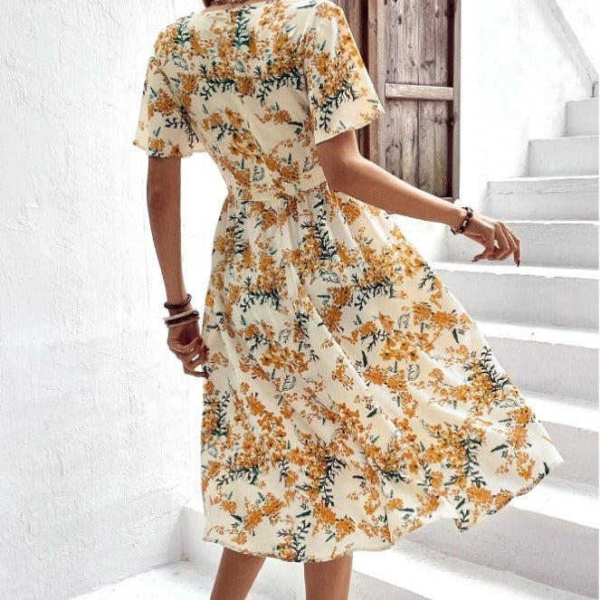 Women's Clothing Bohemian Spring And Summer Elegant Floral Print Lace-up Dress