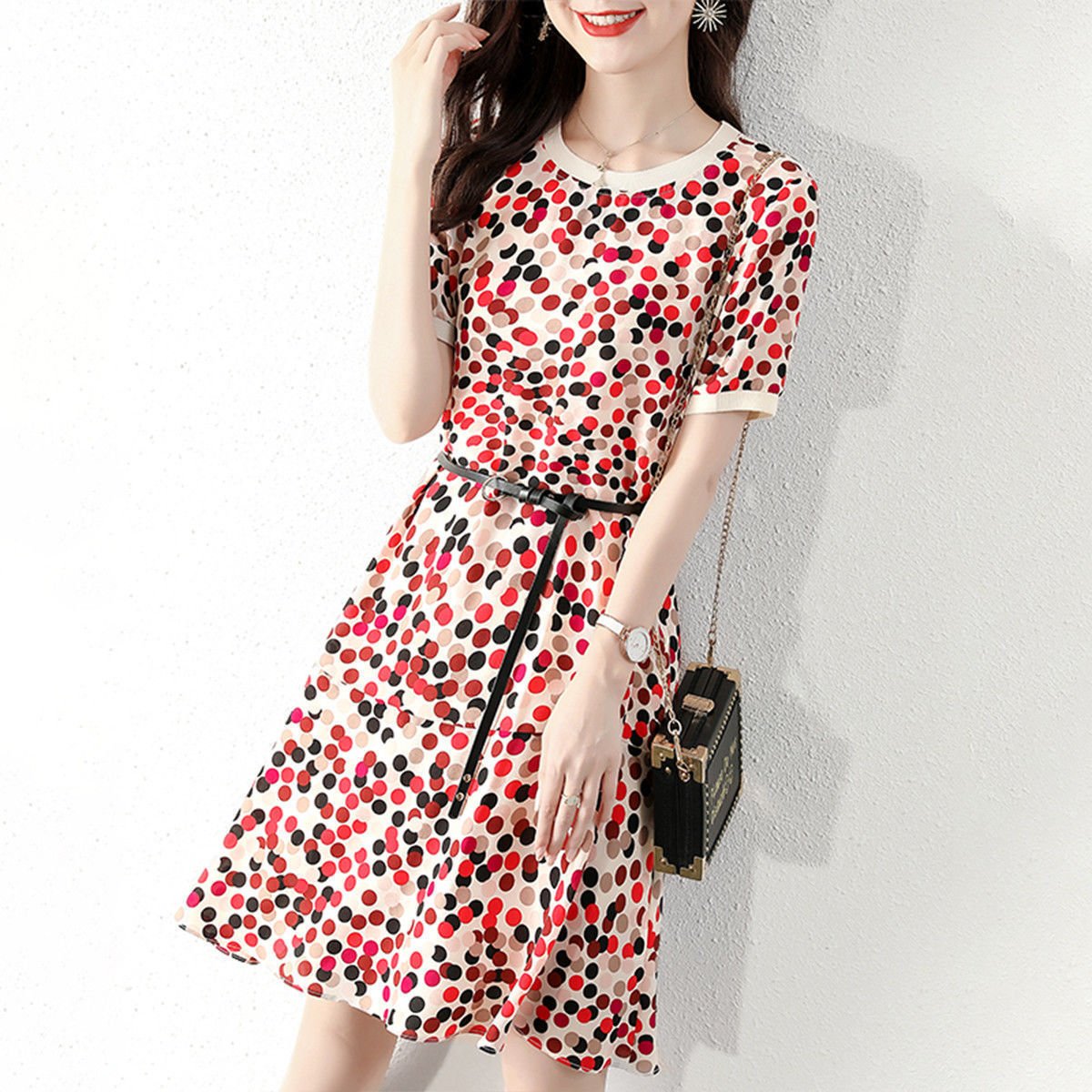 Polka Dot Mid - length Short - sleeved Women's Dress - Sophinity