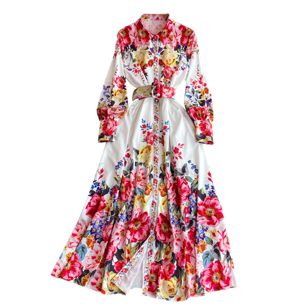 Light Luxury Lapel Puff Sleeve Single-breasted Printing A Words Dress - Sophinity
