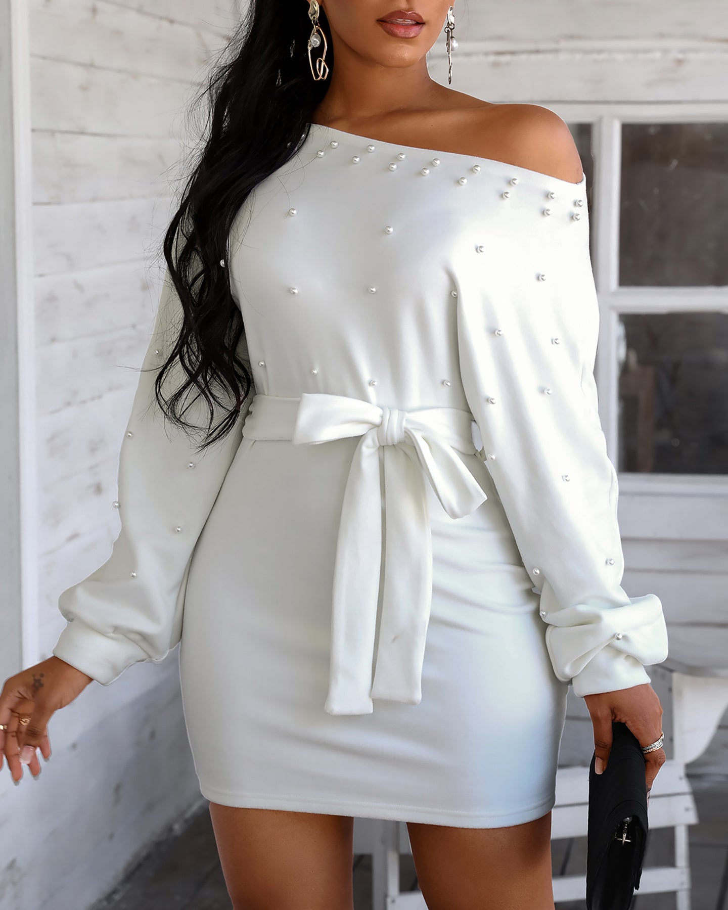 Beaded Slim Belt Slim Long Sleeve Solid Color Ladies Dress - Sophinity