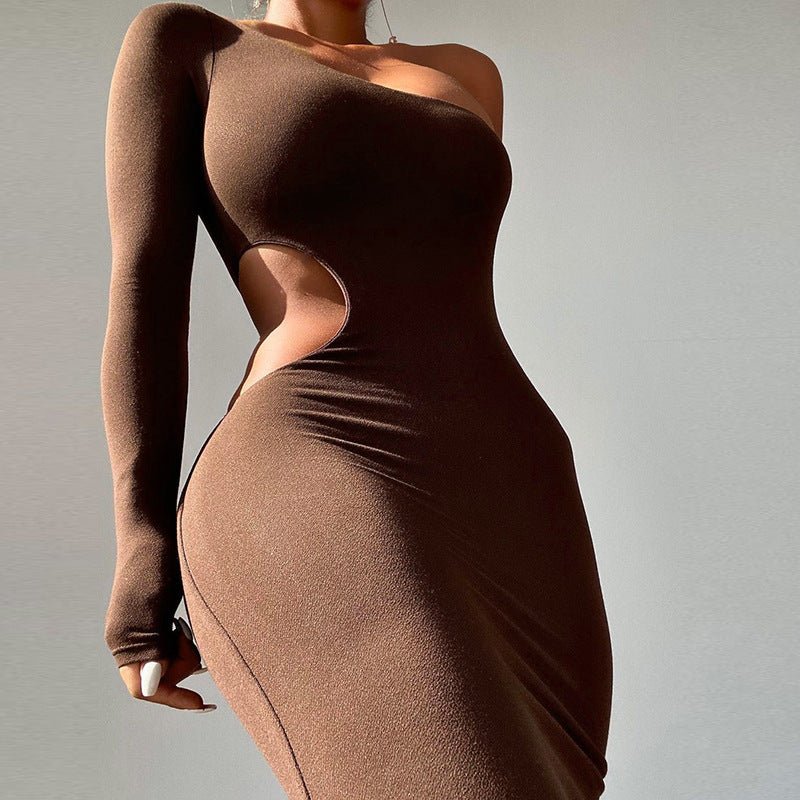 Solid Color Casual Patchwork One Shoulder Long Sleeve Hollow Dress - Sophinity