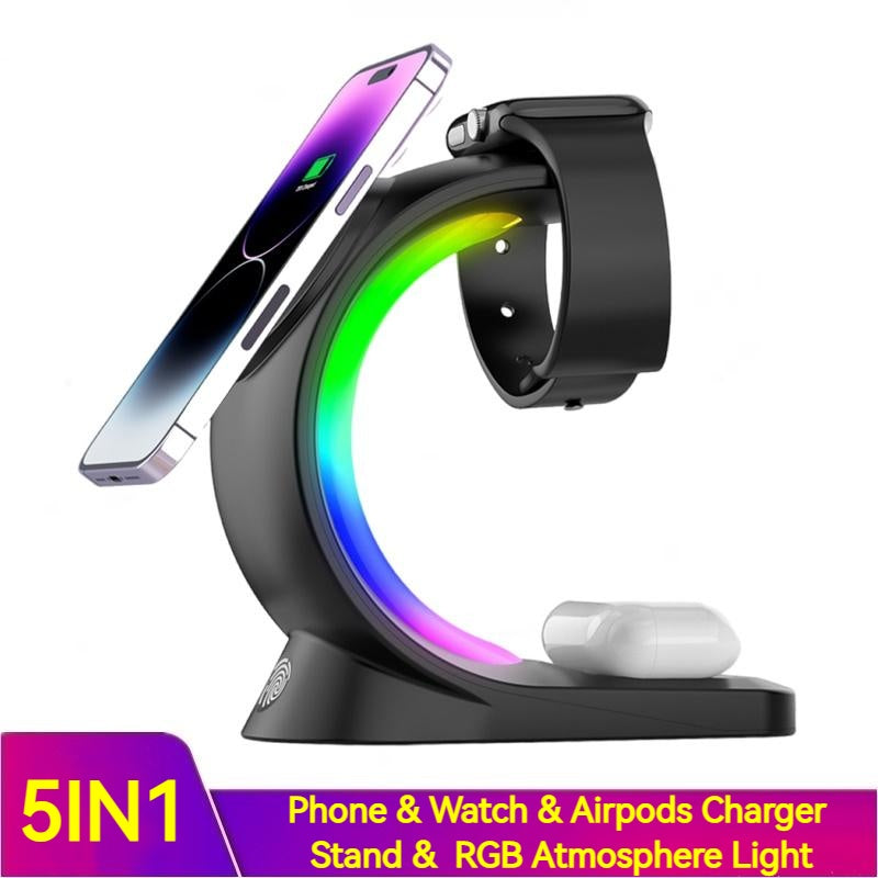 4-in-1 Magnetic Wireless Charger for iPhone, Apple Watch, AirPods Pro & Qi-Enabled Smartphones - Fast Charging Station with RGB Light