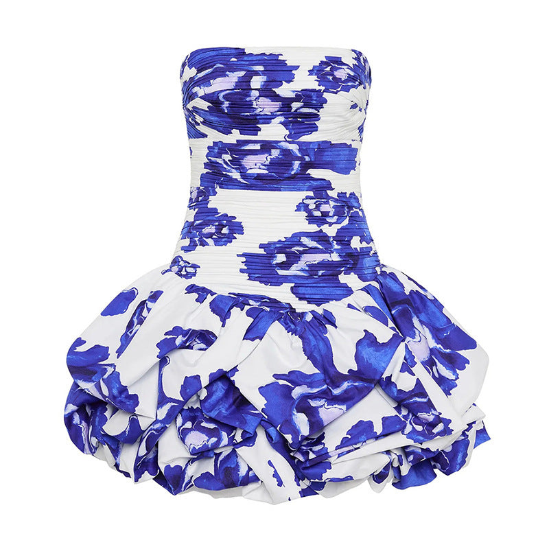 Off-the-shoulder Tube Top Floral Pleated Sexy Dress - Sophinity