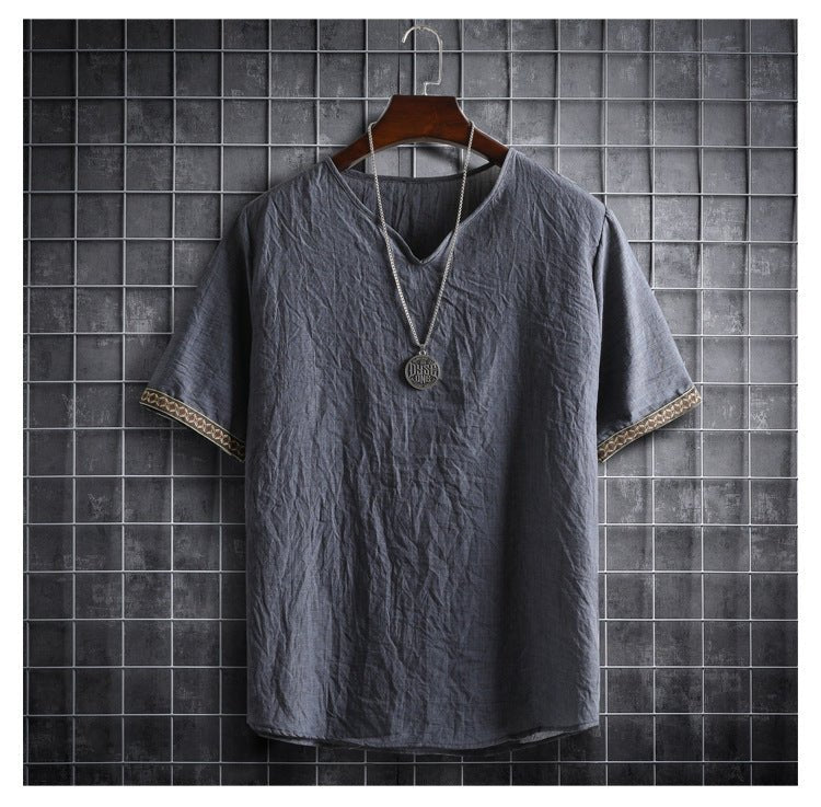 Vintage Linen V - Neck Short Sleeve T-Shirt Running Volume - Sophinity