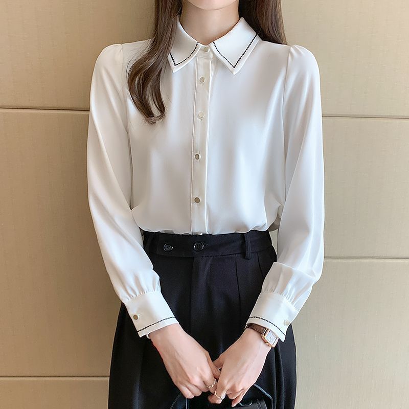 Spring And Autumn White Chiffon Long Sleeve Design Sense Niche Inner Bottoming Top Formal Shirt For Women - Sophinity
