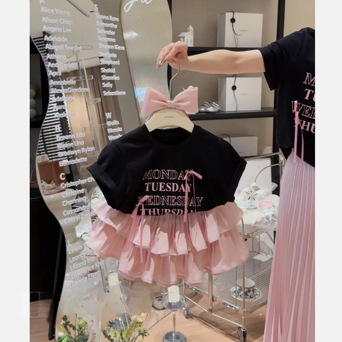 Girls' Pleated Skirt Western Style Letter T-shirt Two - piece Suit - Sophinity