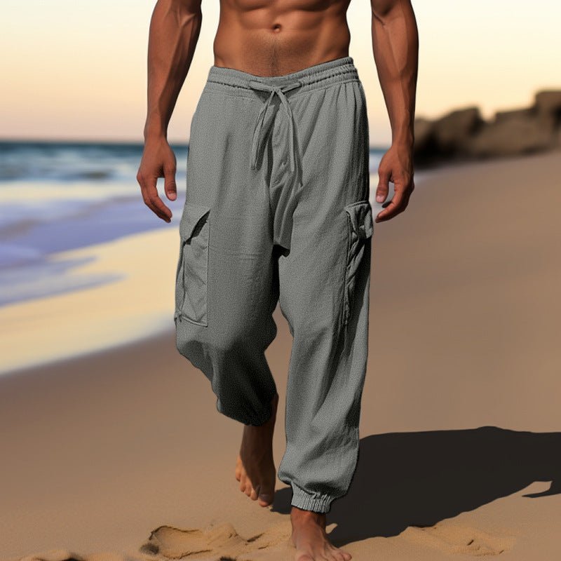 Sports Linen Leisure Trousers Thin Ankle - tied Design Multi - pocket Tether Solid Color Men Loose Cargo Pants - Sophinity