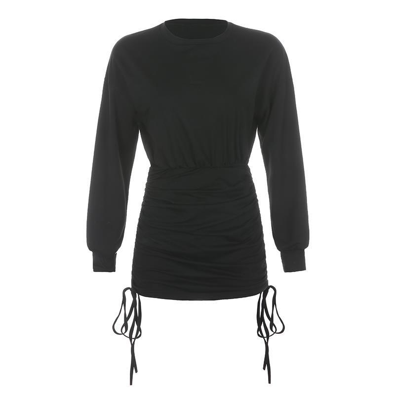 Black American athleisure sweater dress with drawstring waist for a stylish fit