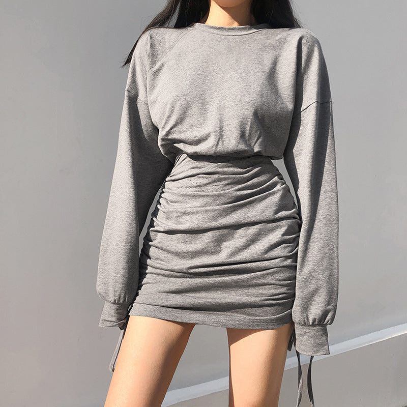 Stylish American athleisure sweater dress in gray with ruched design and long sleeves
