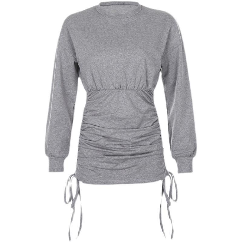 Stylish American athleisure sweater dress in gray with adjustable side gathers for a flattering fit