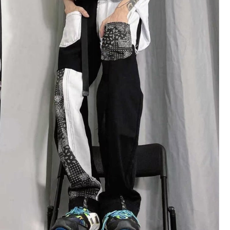 Men's black and white American street style hip hop jeans with unique designs and casual fit
