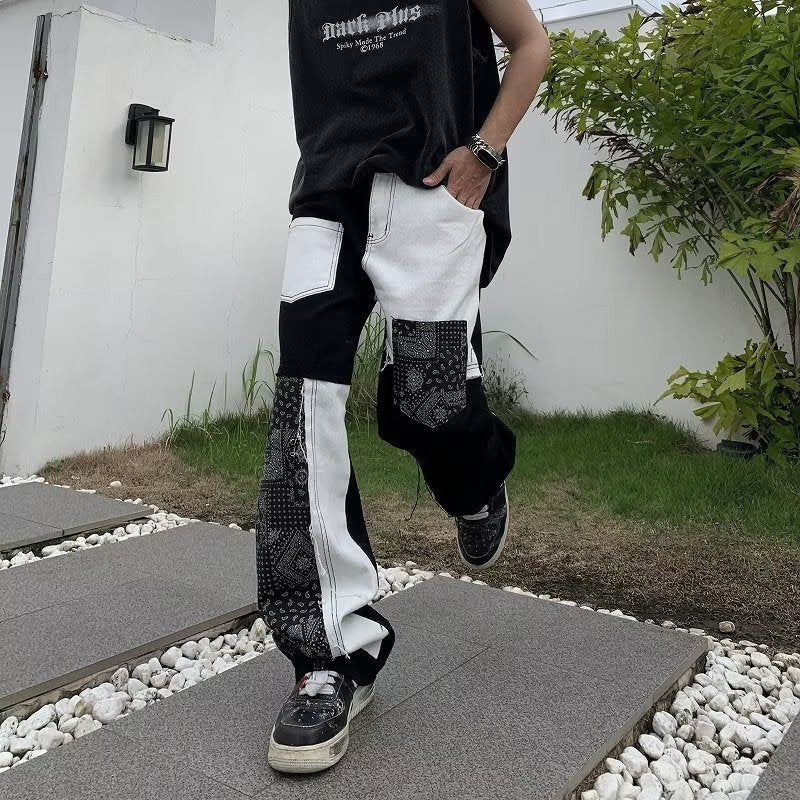 Trendy American street style hip hop jeans featuring a unique patchwork design for casual wear
